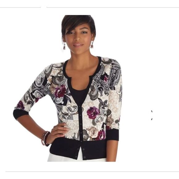 WHITE HOUSE BLACK MARKET 3/4 Sleeve Sparkle Detail Floral Cardigan Size S - Picture 5 of 5